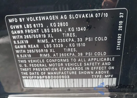 2011 Volkswagen Touareg Vr6 Lux из США, поврежденный, VIN WVGFF9BP5BD000803